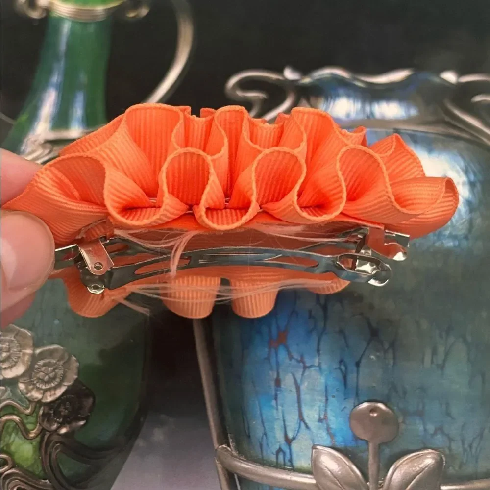 Vintage Hair Accessory Clip Barrette Orange Ruffle Ribbon 1980s 1990s